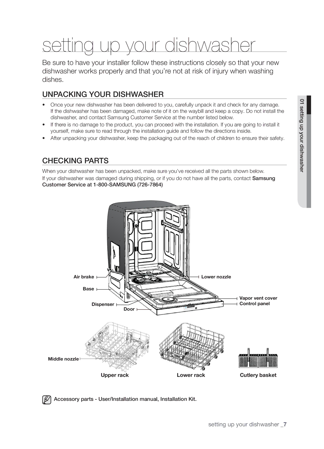 Samsung DMT800RHW, DMT800DD6800050A, DMT800RHB Setting up your dishwasher, Unpacking Your Dishwasher, Checking Parts 