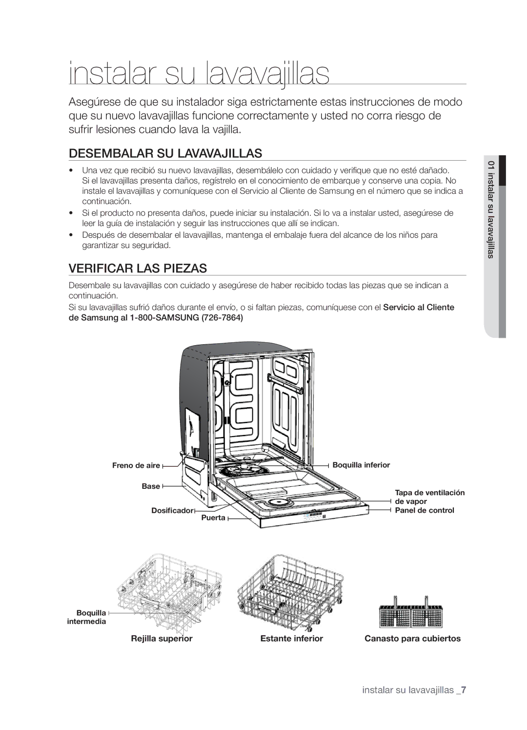 Samsung DMT800RHB, DMT800DD6800050A, DMT800RHW Instalar su lavavajillas, Desembalar SU Lavavajillas, Verificar LAS Piezas 