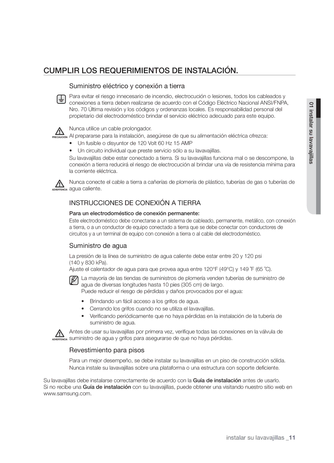 Samsung DMT800DD6800050A Cumplir LOS Requerimientos DE Instalación, Para un electrodoméstico de conexión permanente 