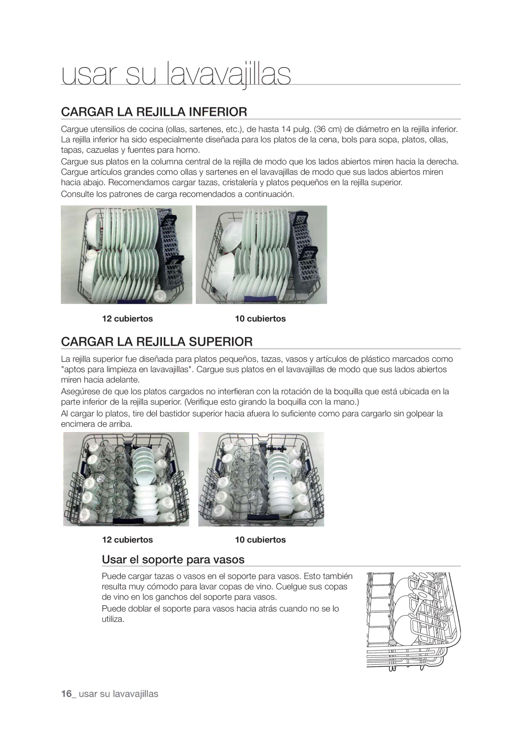 Samsung DMT800RHB, DMT800RHW Cargar LA Rejilla Inferior, Cargar LA Rejilla Superior, Usar el soporte para vasos, Cubiertos 