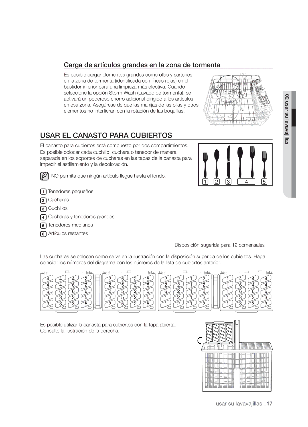 Samsung DMT800DD6800050A, DMT800RHW Usar EL Canasto Para Cubiertos, Carga de artículos grandes en la zona de tormenta 