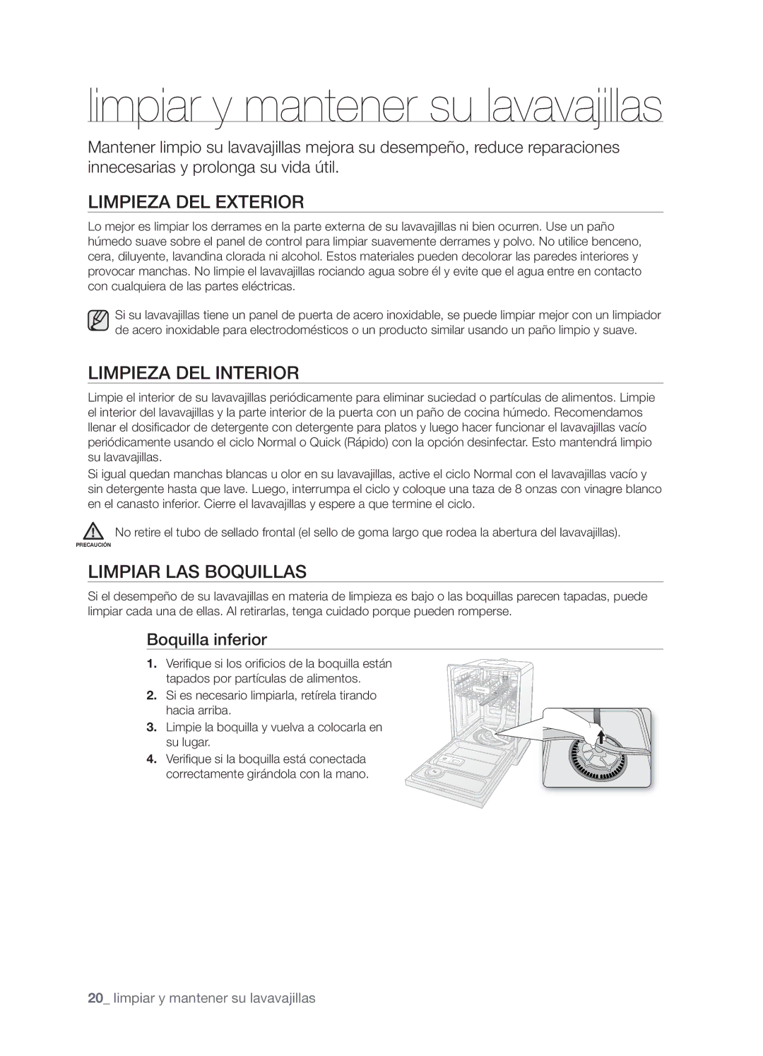 Samsung DMT800DD6800050A, DMT800RHW Limpieza DEL Exterior, Limpieza DEL Interior, Limpiar LAS Boquillas, Boquilla inferior 