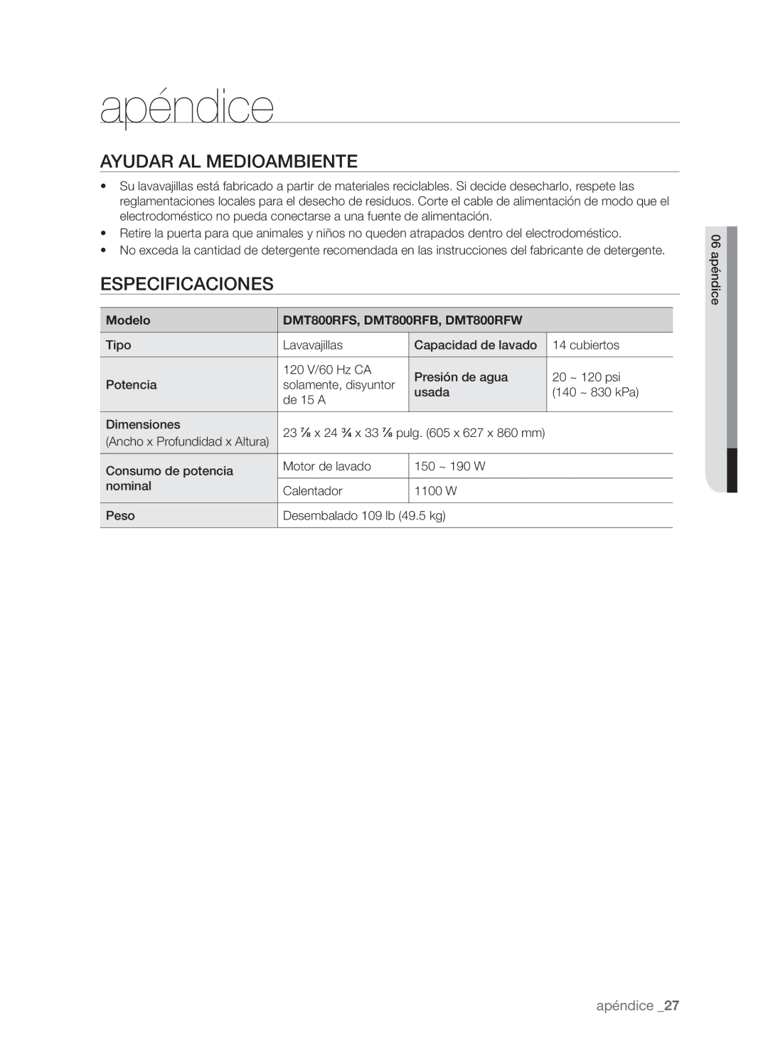 Samsung DMT800RHW, DMT800DD6800050A, DMT800RHB user manual Apéndice, Ayudar AL Medioambiente, Especificaciones, Modelo 