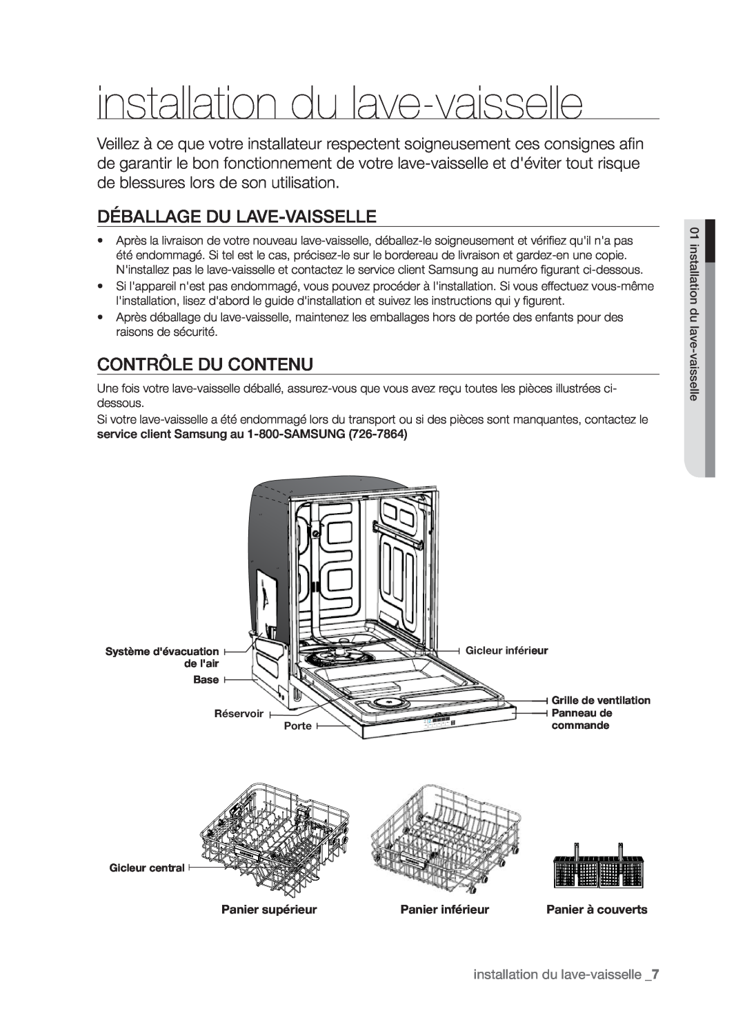 Samsung DMT800DD6800050A, DMT800RHW installation du lave-vaisselle, Déballage Du Lave-Vaisselle, Contrôle Du Contenu 