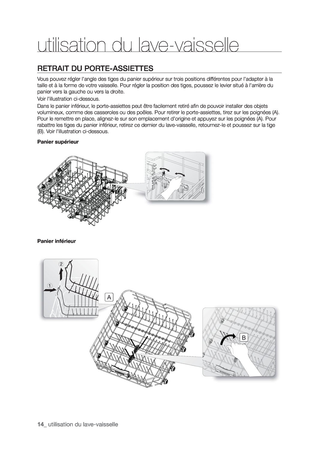 Samsung DMT800RHW, DMT800DD6800050A, DMT800RHB user manual Retrait Du Porte-Assiettes, 14_ utilisation du lave-vaisselle 