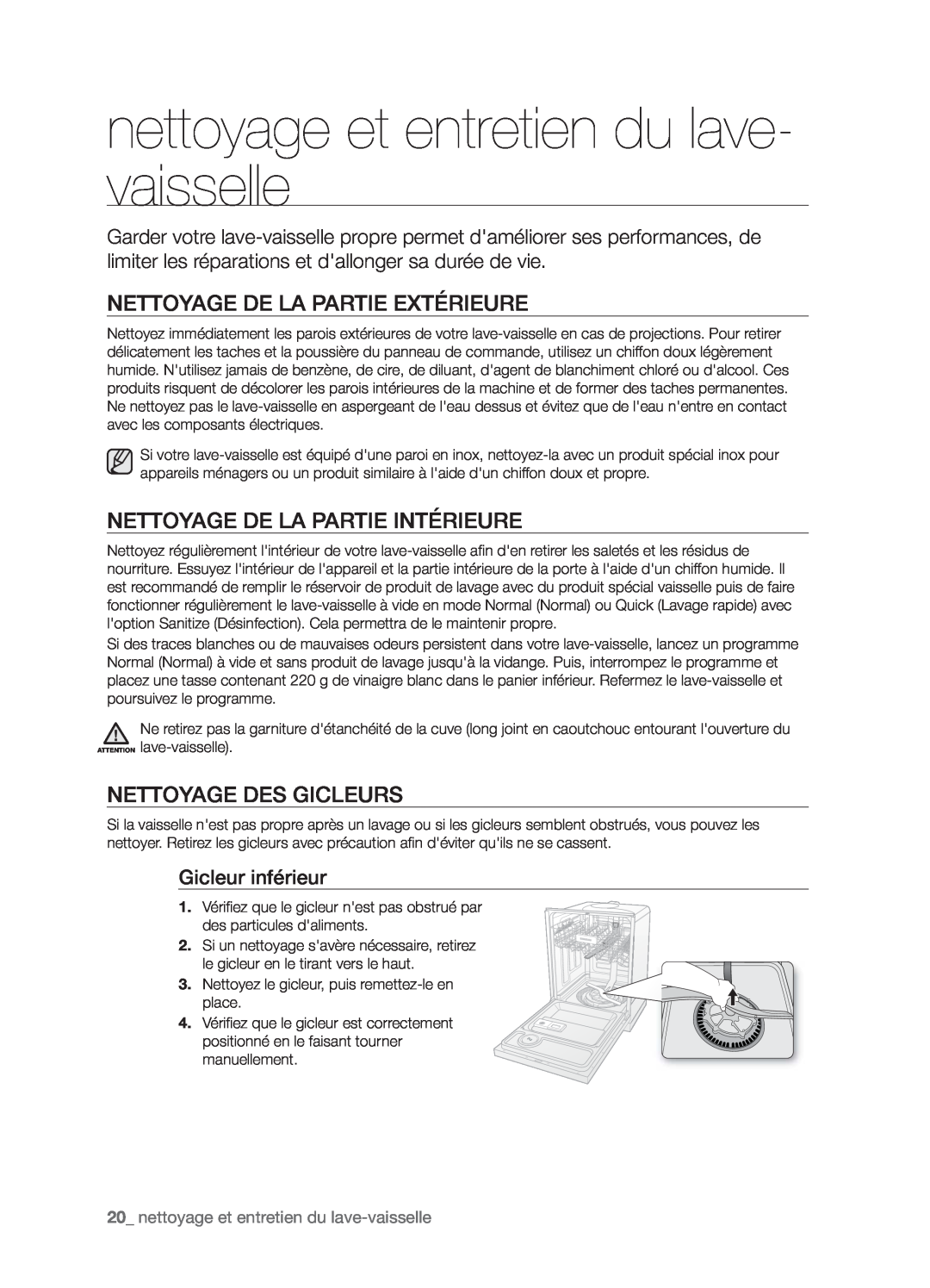 Samsung DMT800RHW nettoyage et entretien du lave- vaisselle, Nettoyage De La Partie Extérieure, Nettoyage Des Gicleurs 
