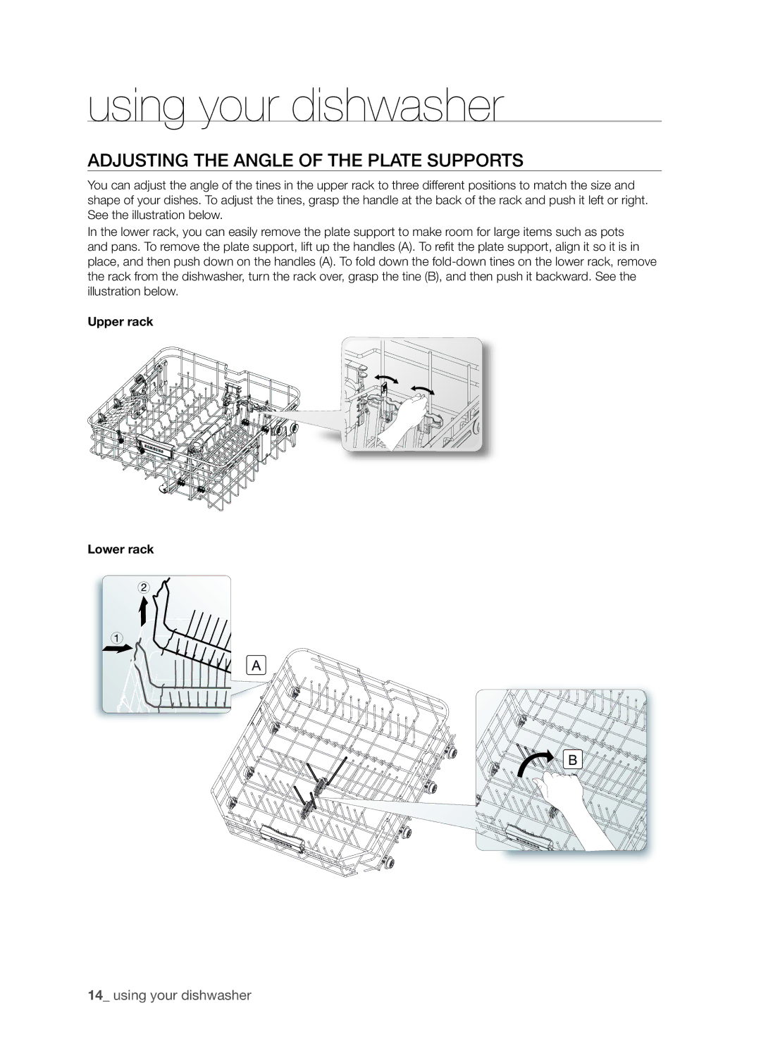 Samsung DMT800 Series, DMT800RHS manual Adjusting the angle of the plate supports, Upper rack Lower rack 