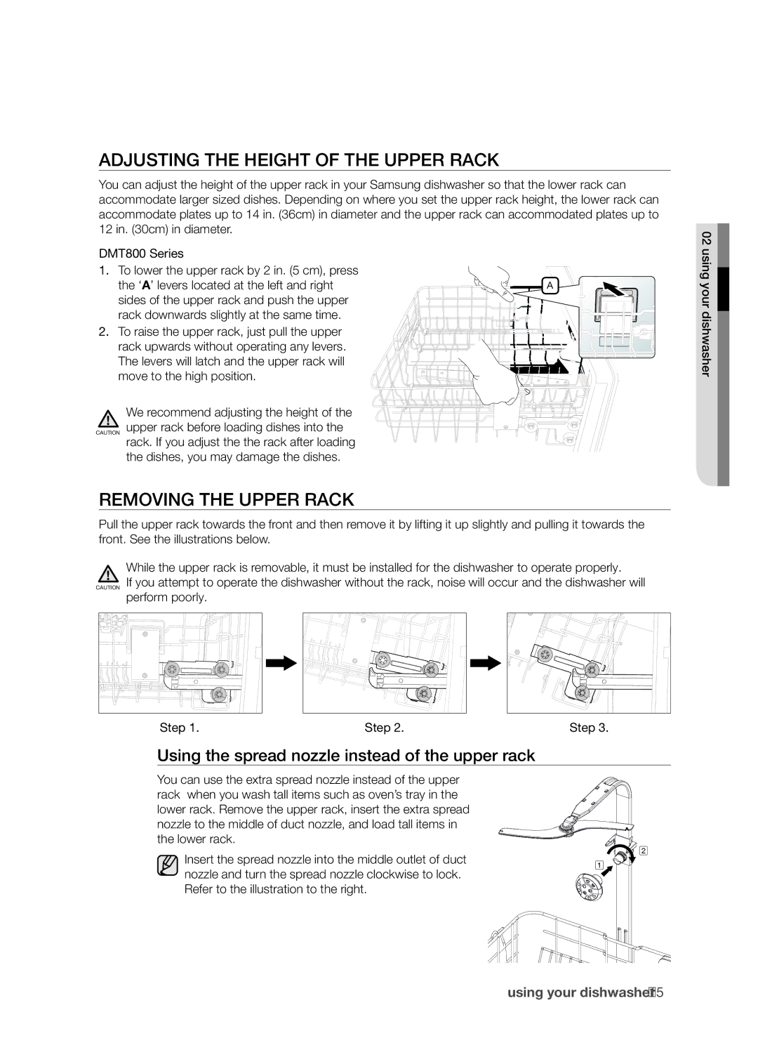 Samsung DMT800RHS, DMT800 Series manual Adjusting the height of the upper rack, Removing the upper rack, Step 