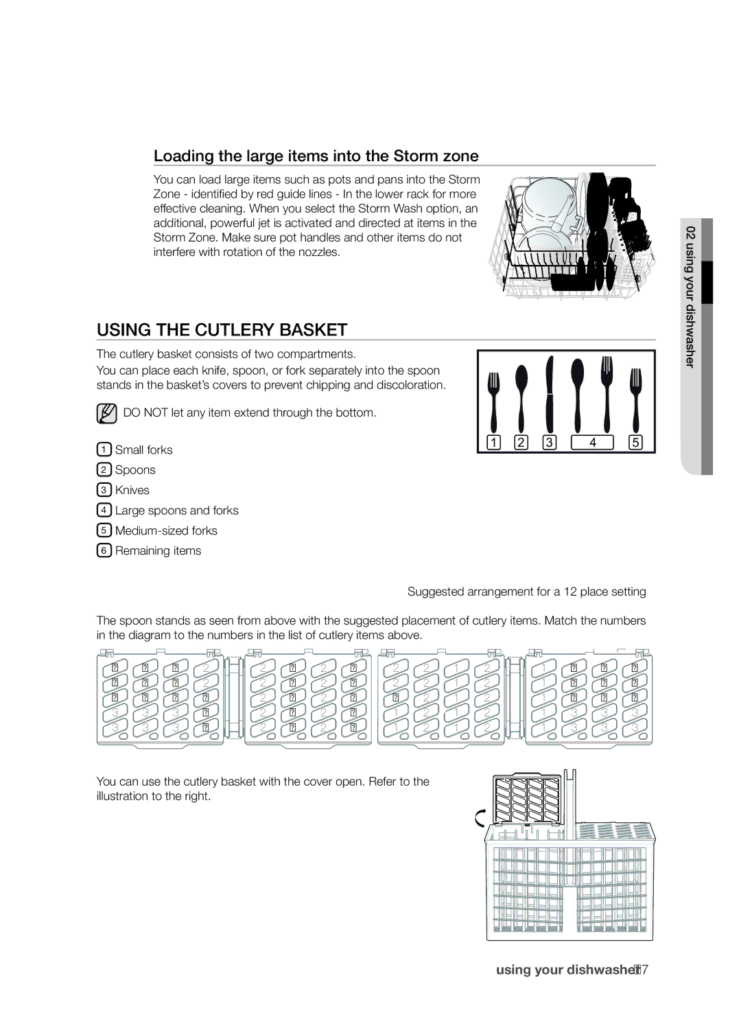 Samsung DMT800 Series, DMT800RHS manual Using the cutlery basket, Loading the large items into the Storm zone 