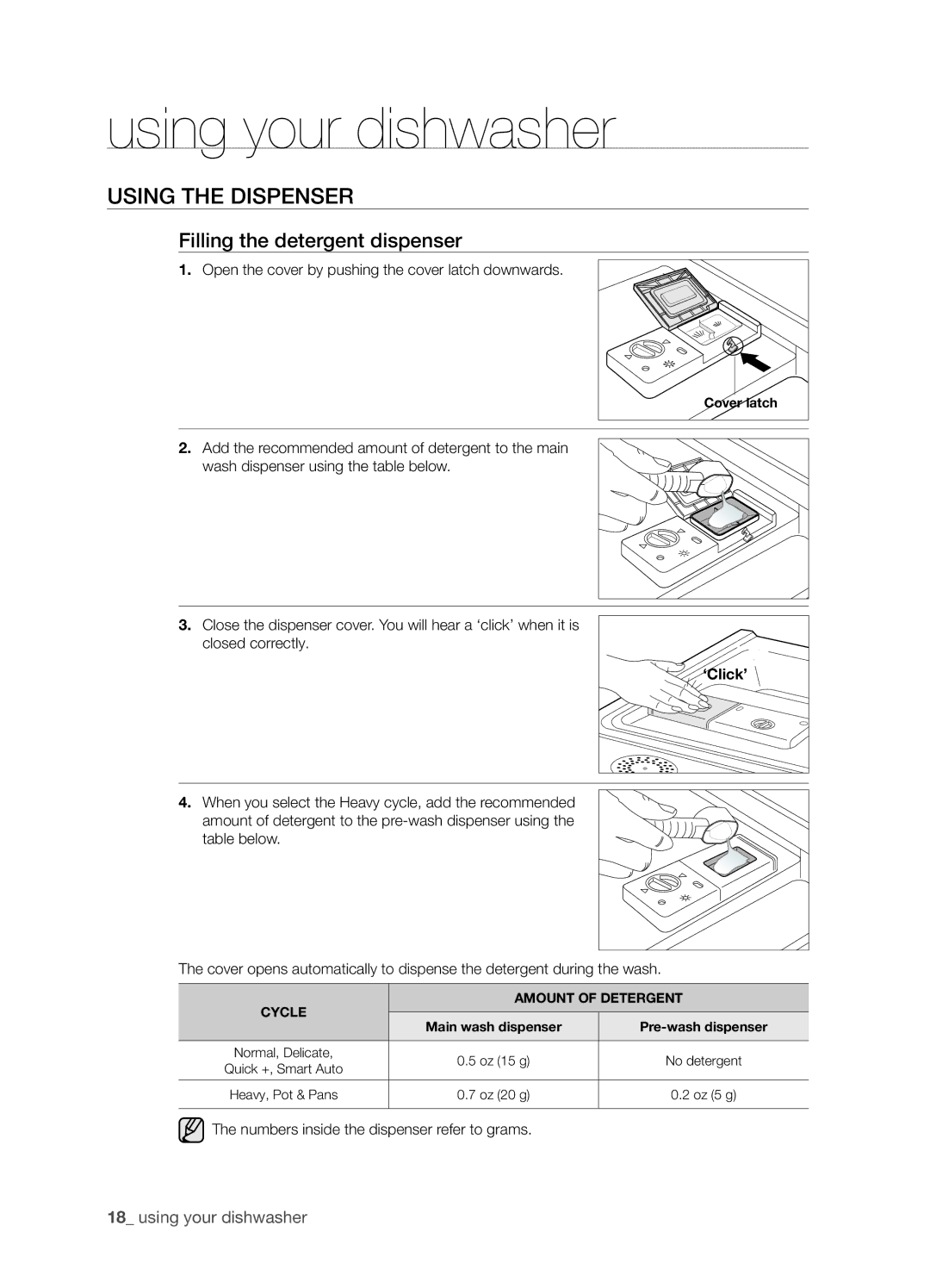 Samsung DMT800RHS, DMT800 Series manual Using the dispenser, Filling the detergent dispenser, ‘Click’ 