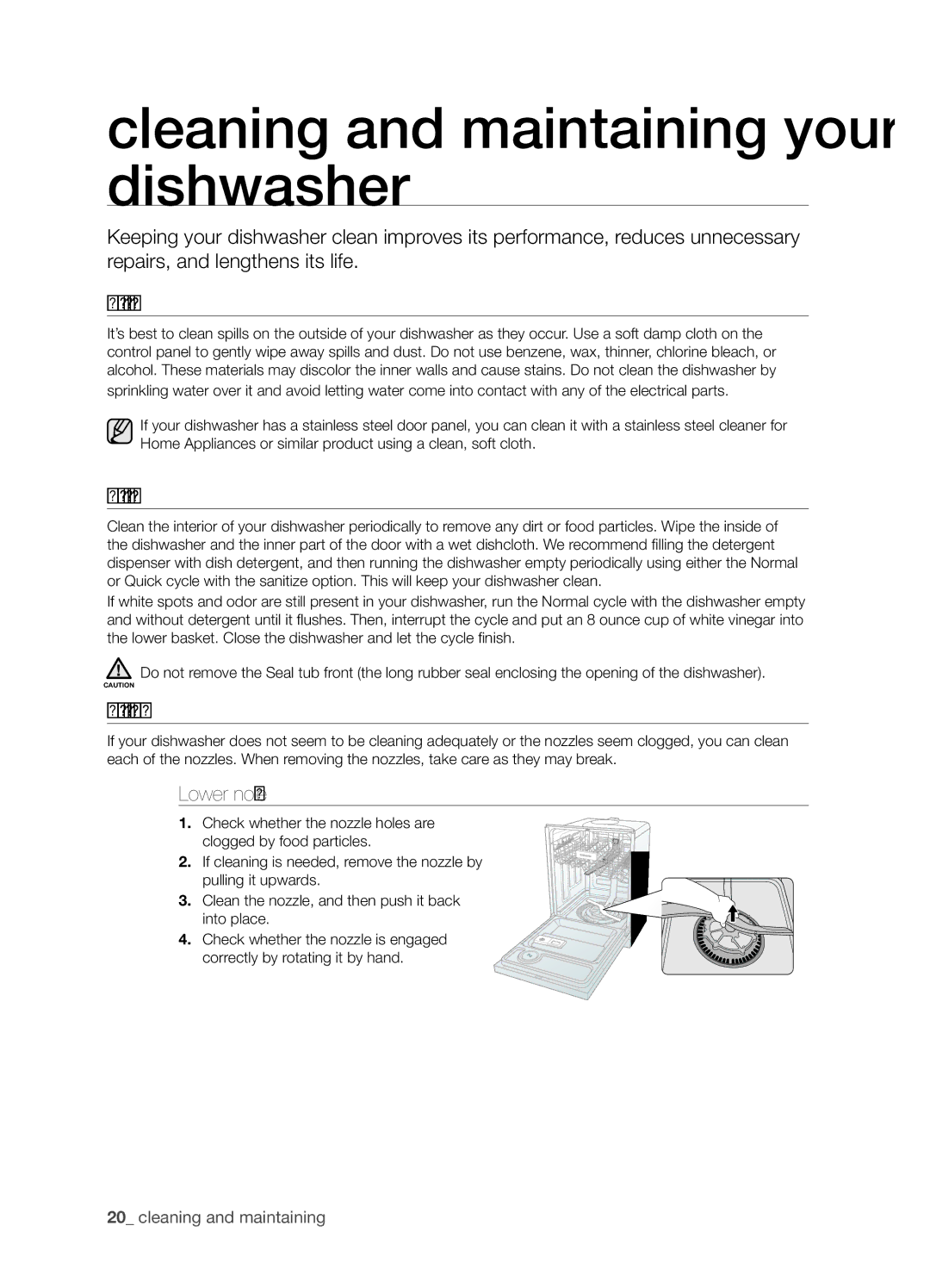 Samsung DMT800 Series Cleaning and maintaining your dishwasher, Cleaning the exterior, Cleaning the interior, Lower nozzle 