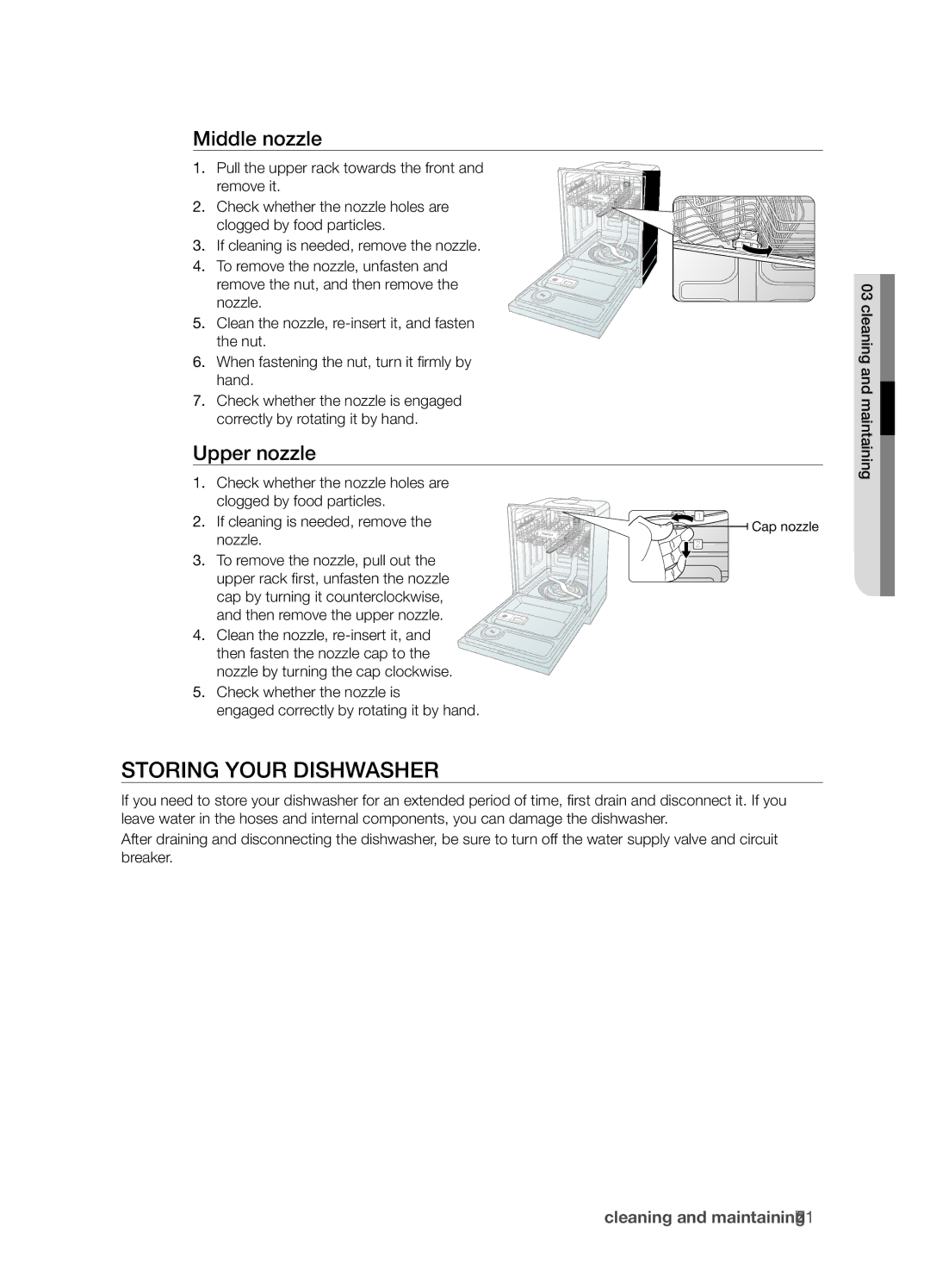 Samsung DMT800RHS, DMT800 Series manual Storing your dishwasher, Middle nozzle, Upper nozzle 