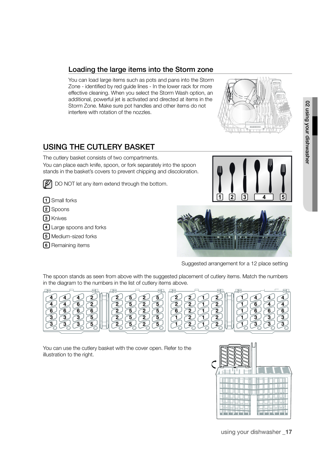 Samsung DMT800 Series manual Using the cutlery basket, Loading the large items into the Storm zone, using your dishwasher 
