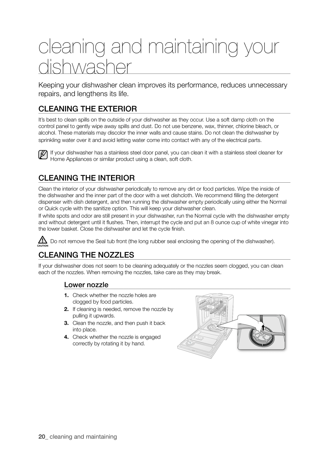 Samsung DMT800 Series cleaning and maintaining your dishwasher, Cleaning the exterior, Cleaning the interior, Lower nozzle 