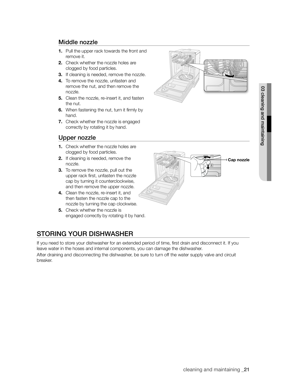 Samsung DMT800RHS, DMT800 Series manual Storing your dishwasher, Middle nozzle, Upper nozzle, cleaning and maintaining 