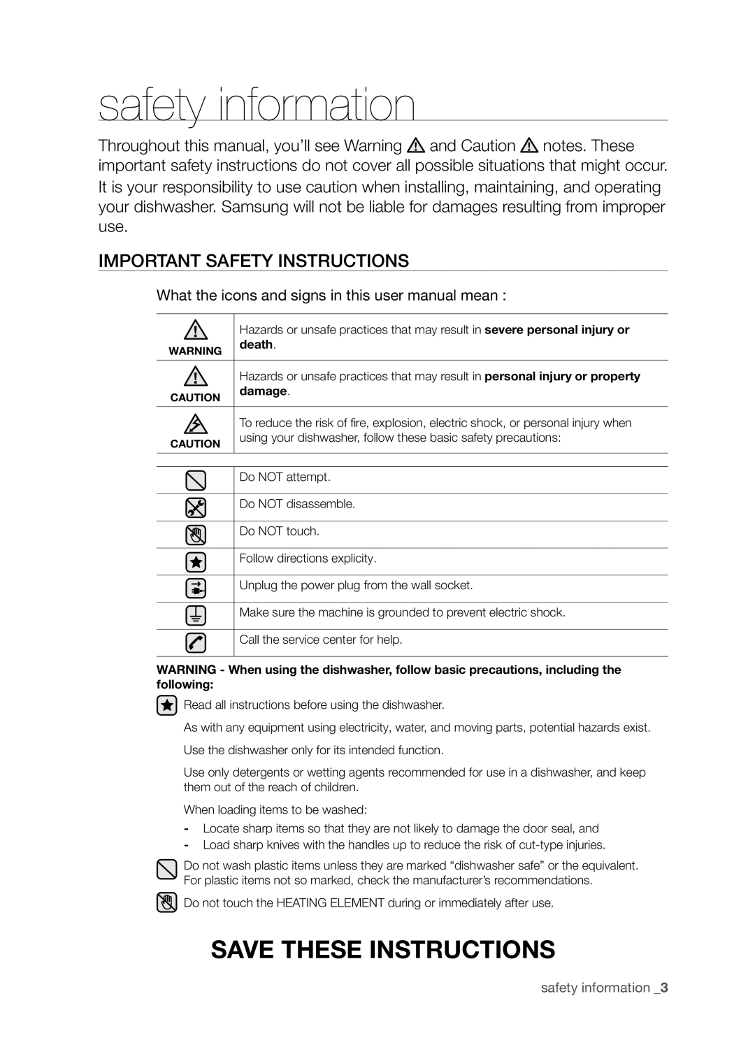 Samsung DMT800RHS, DMT800 Series manual safety information, Save these instructions, Important safety instructions 