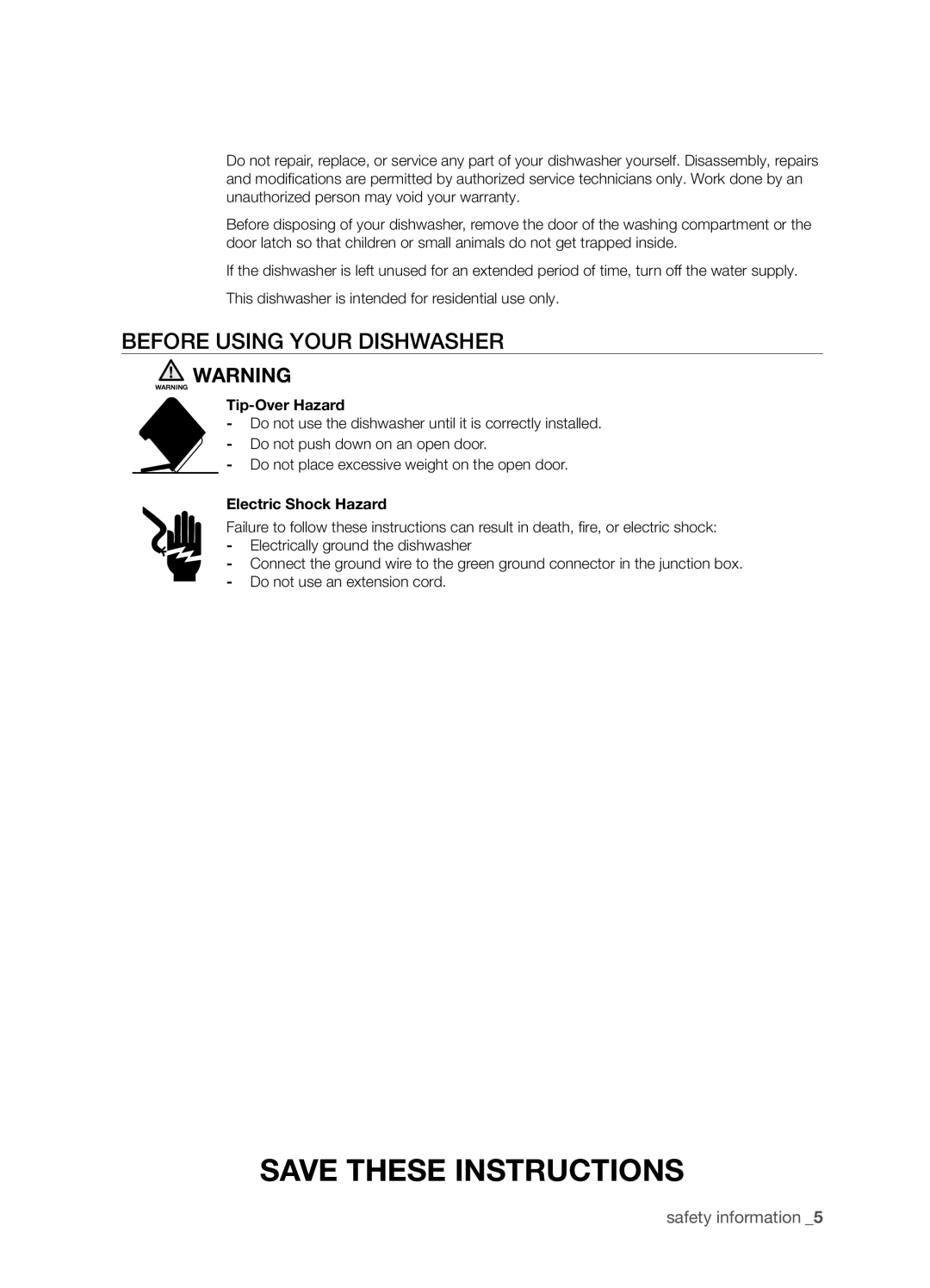 Samsung DMT800 Series manual Before using your dishwasher, Save these instructions, safety information, Tip-Over Hazard 