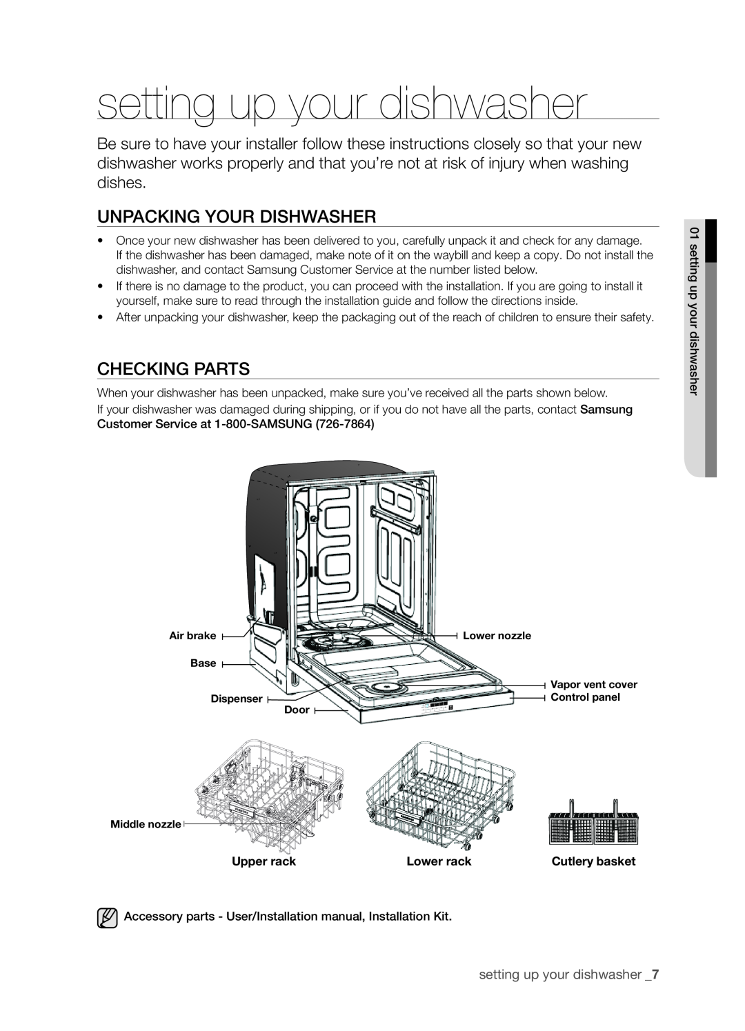 Samsung DMT800RHS, DMT800 Series manual setting up your dishwasher, Unpacking your dishwasher, Checking parts 