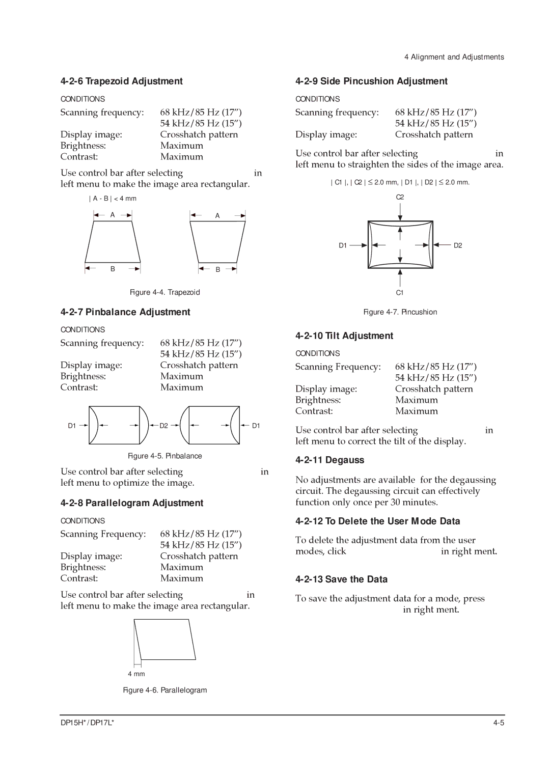 Samsung DP17LS/LT manual Trapezoid Adjustment, Pinbalance Adjustment, Parallelogram Adjustment, Side Pincushion Adjustment 