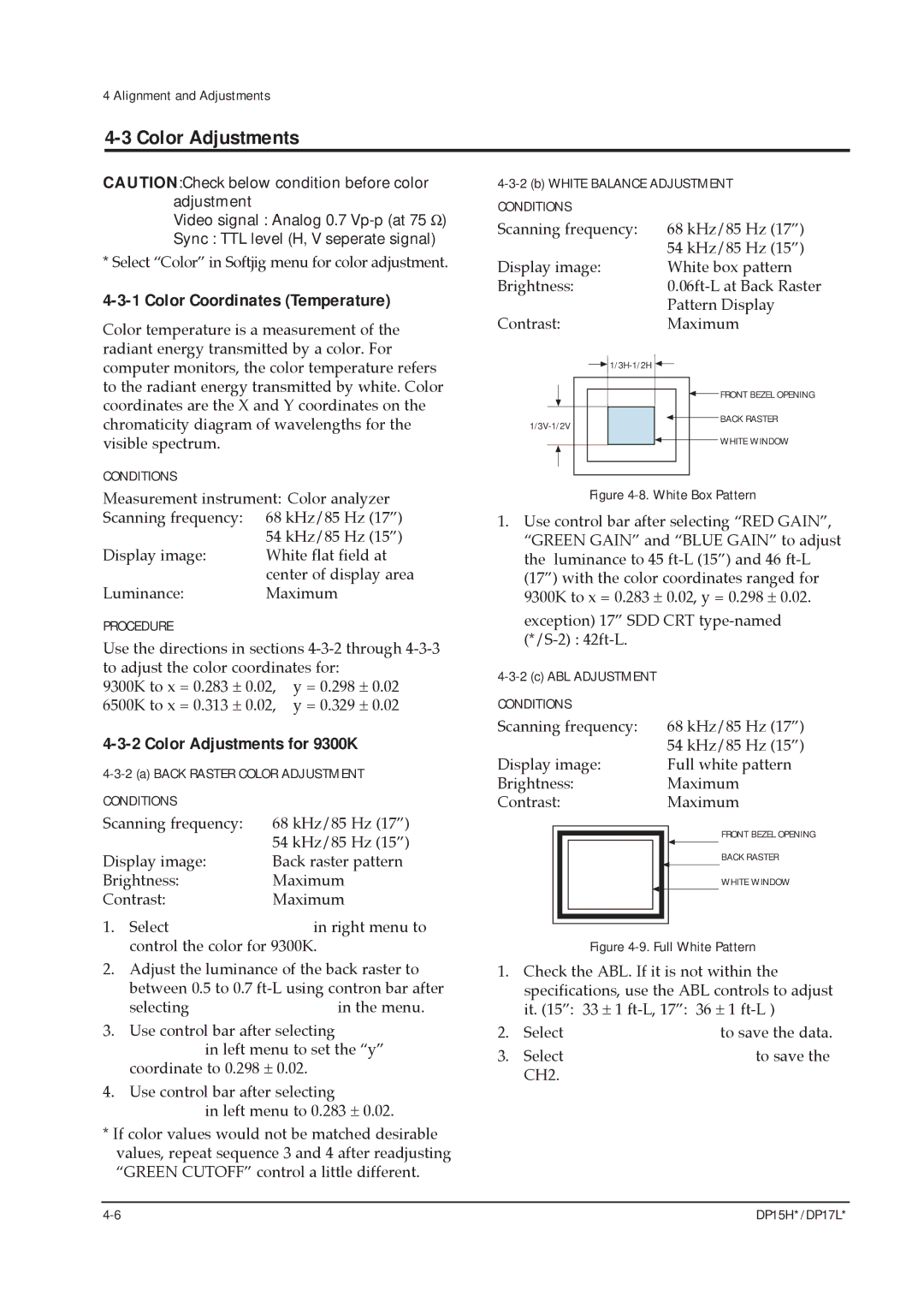 Samsung DP15HS/HT, DP17LS/LT manual Color Coordinates Temperature, Color Adjustments for 9300K 