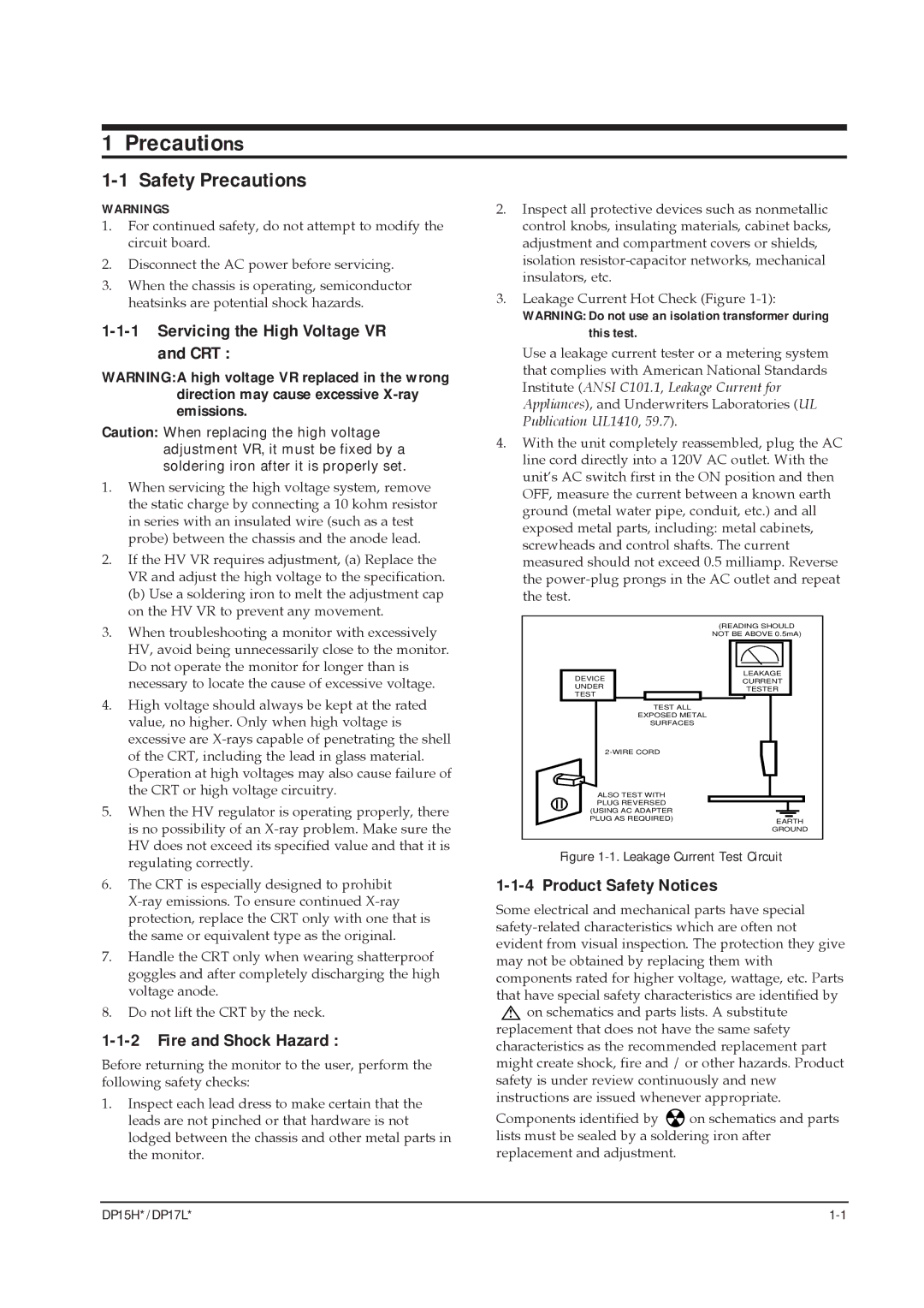 Samsung DP17LS/LT, DP15HS/HT manual Safety Precautions, Servicing the High Voltage VR and CRT, Fire and Shock Hazard 