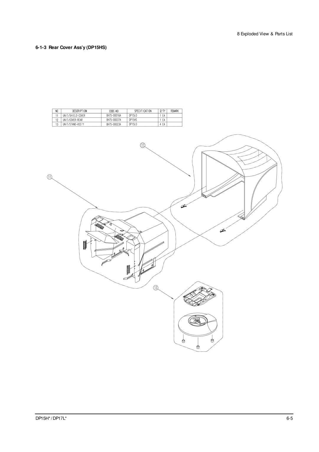 Samsung DP17LS/LT, DP15HS/HT manual Rear Cover Ass’y DP15HS 