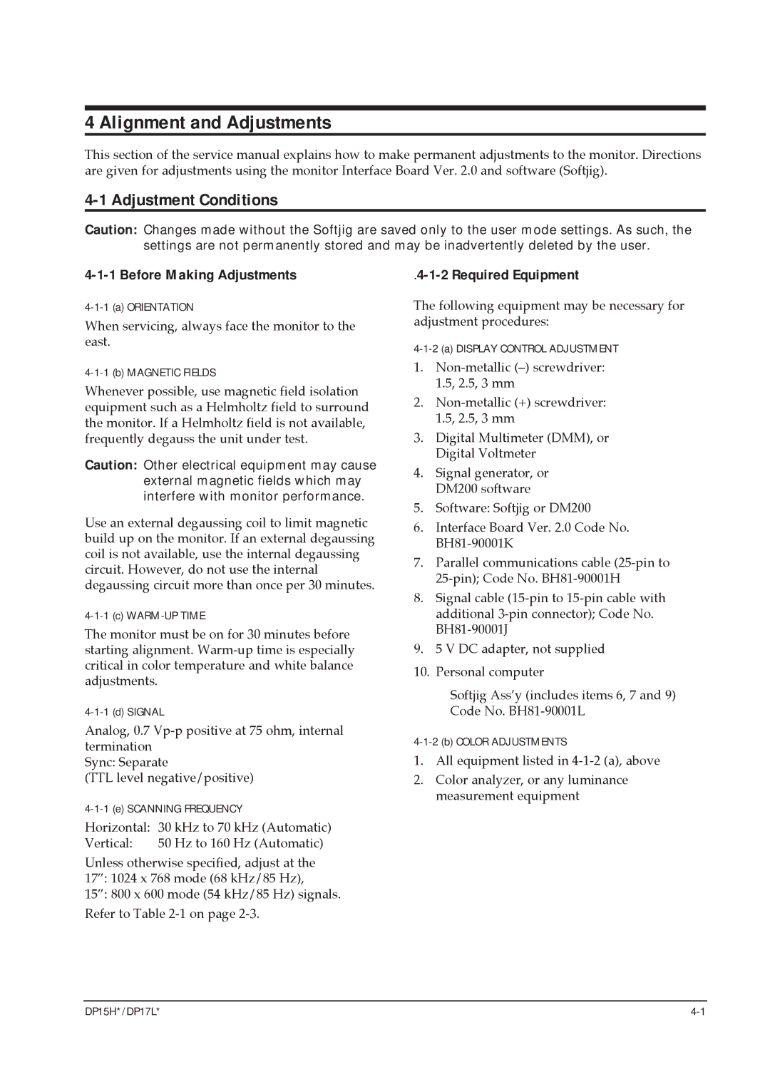 Samsung DP17LS/LT manual Alignment and Adjustments, Adjustment Conditions, Before Making Adjustments, Required Equipment 