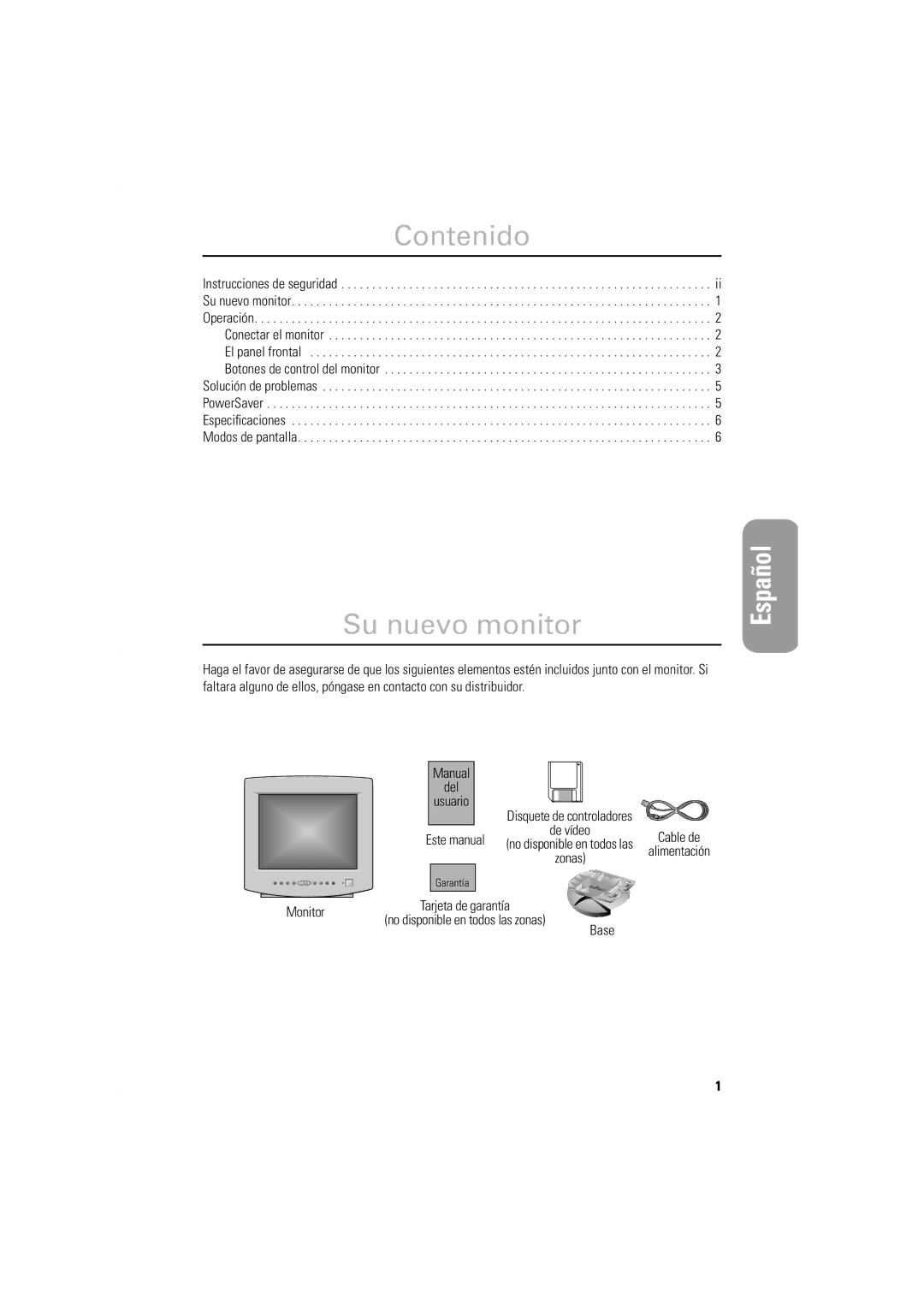 Samsung DP14LS, DP15LS manual Contenido, Su nuevo monitor, English, Español 