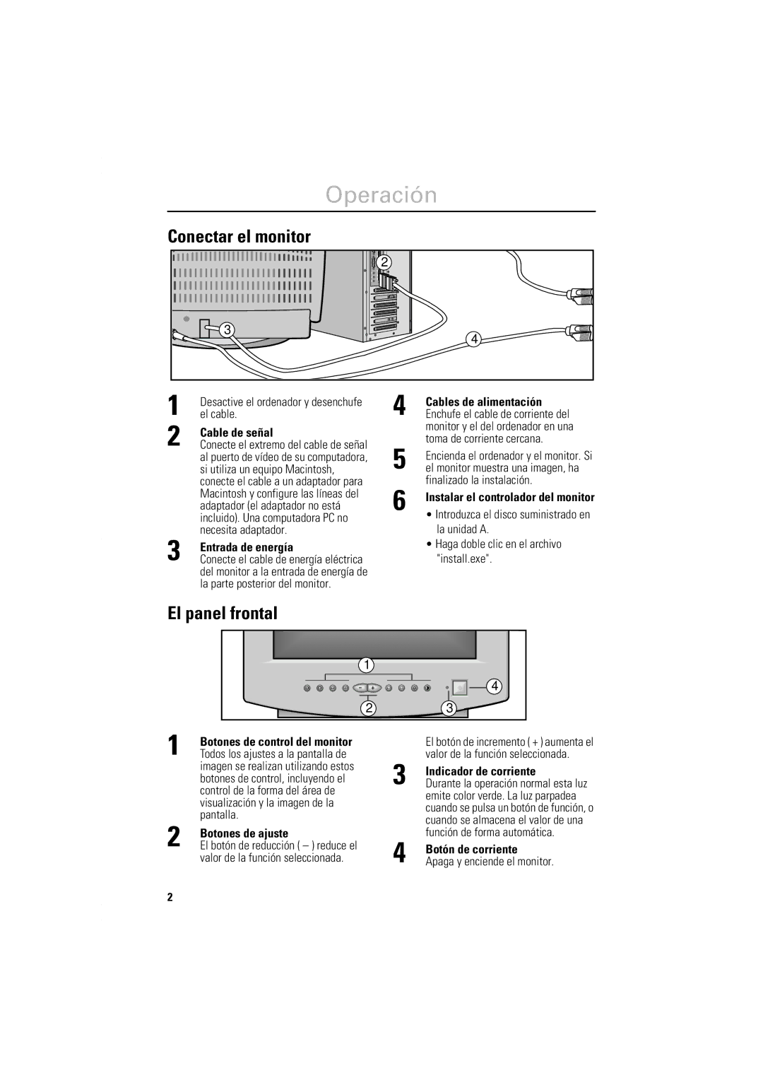 Samsung DP15LS, DP14LS manual Operación, Conectar el monitor, El panel frontal 