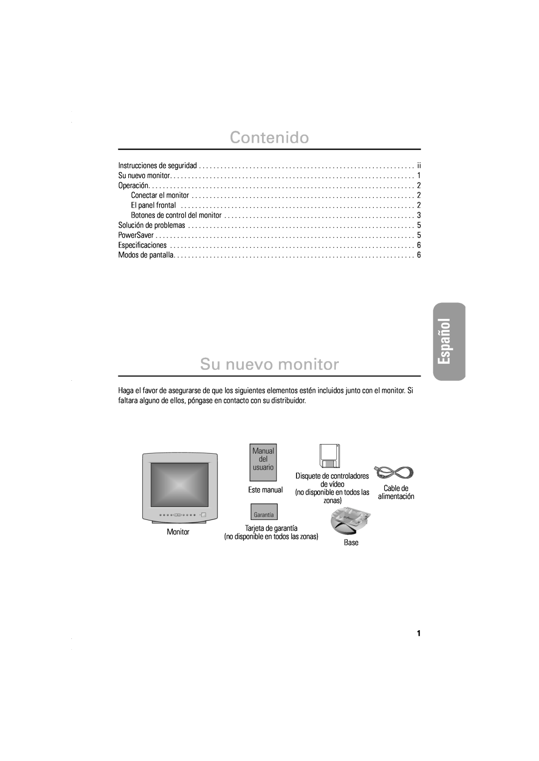 Samsung DP14LS, DP15LS Contenido, Su nuevo monitor, English, Español, Manual del usuario, Este manual, Monitor, Base 