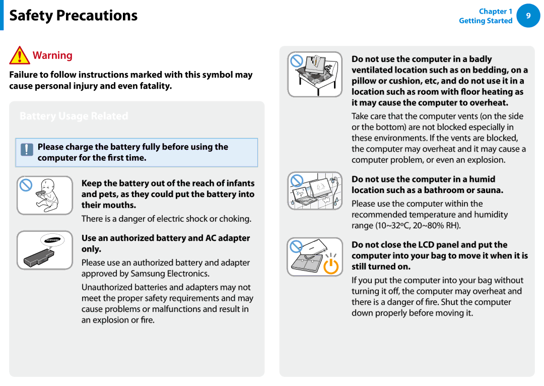 Samsung DP500A2DK01UB manual Battery Usage Related, There is a danger of electric shock or choking 