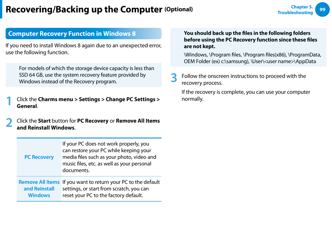 Samsung DP500A2DK01UB manual Computer Recovery Function in Windows, Are not kept, General, Reinstall Windows 