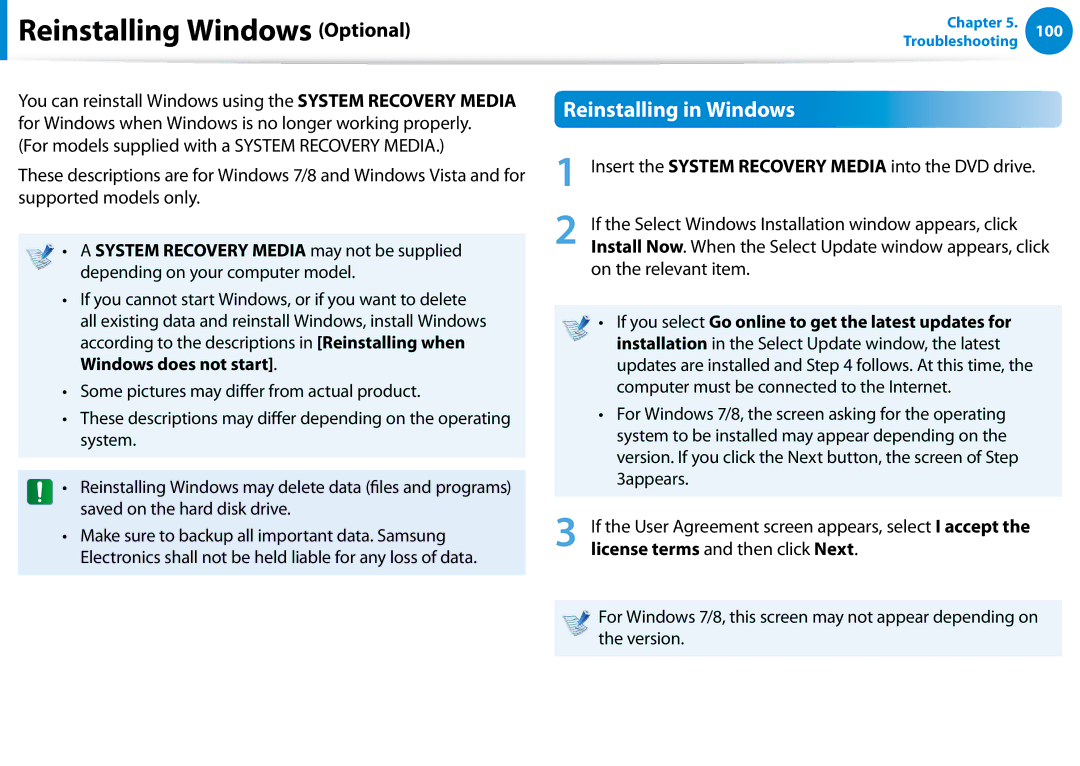 Samsung DP500A2DK01UB manual Reinstalling Windows Optional, Reinstalling in Windows 