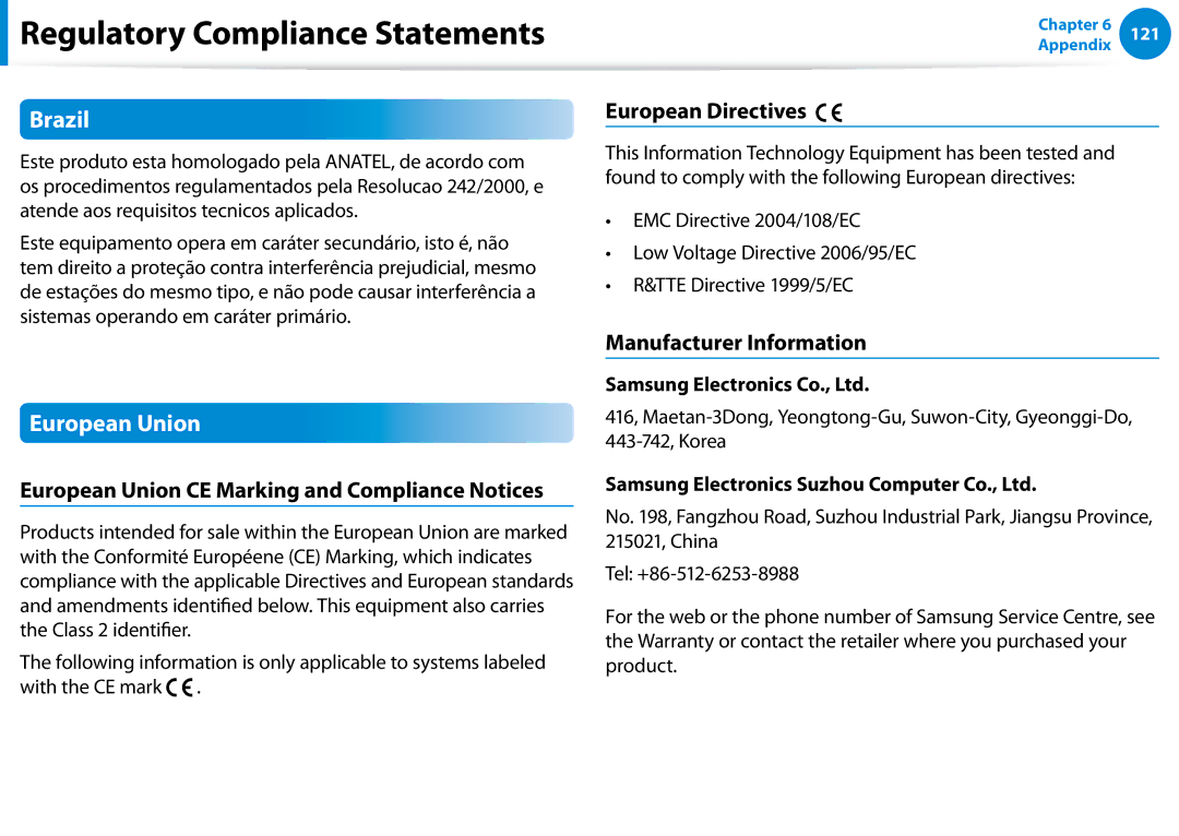 Samsung DP500A2DK01UB manual Brazil, European Union CE Marking and Compliance Notices, European Directives 