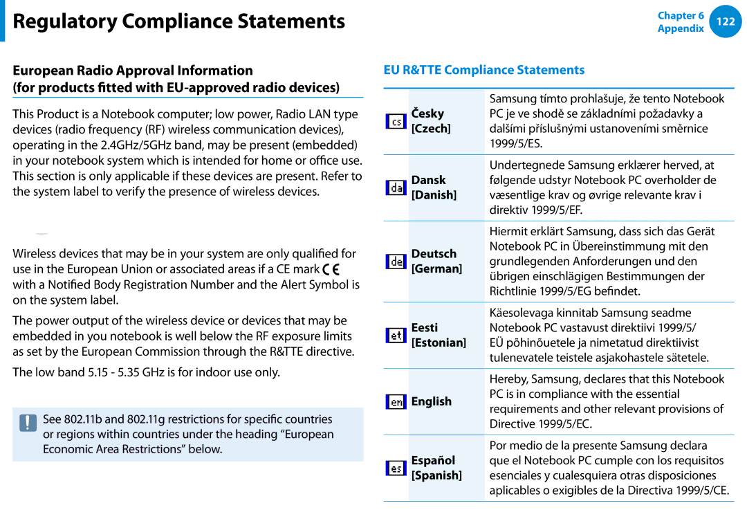 Samsung DP500A2DK01UB manual Česky, Czech, Dansk, Danish, Deutsch, German, Eesti, Estonian, English, Español, Spanish 