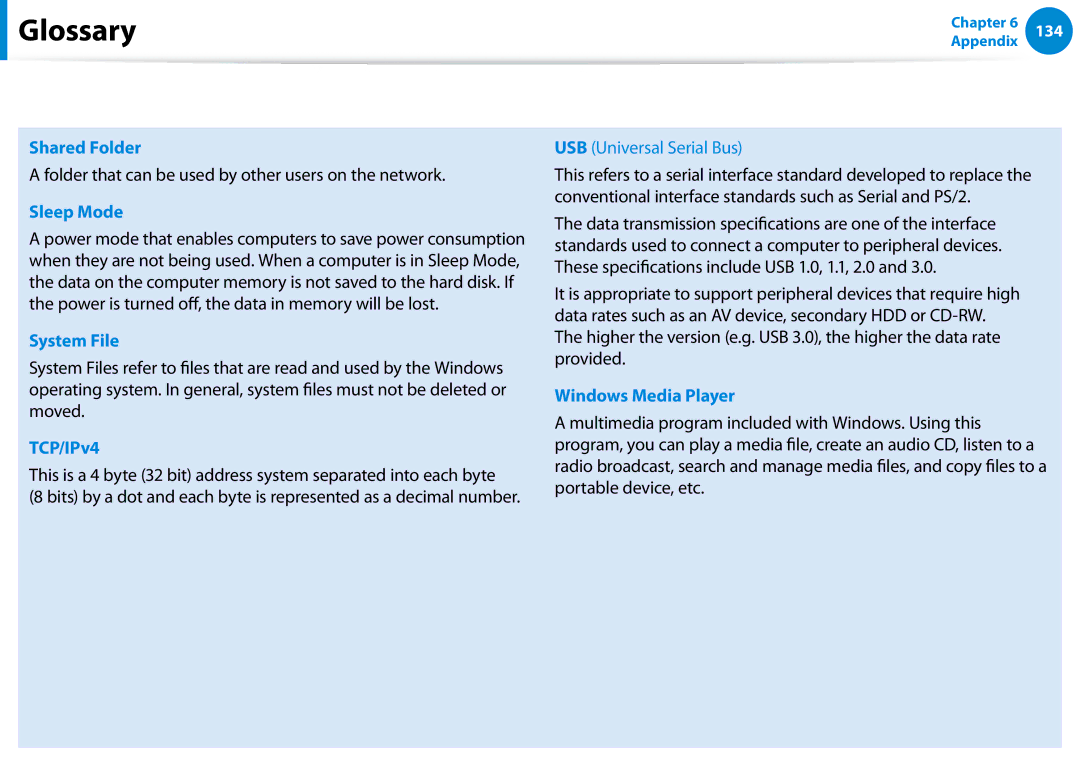 Samsung DP500A2DK01UB manual Shared Folder, Sleep Mode, System File, TCP/IPv4, Windows Media Player 