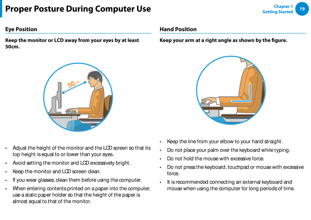 Samsung DP500A2DK01UB manual Eye Position, Hand Position, Keep your arm at a right angle as shown by the figure 