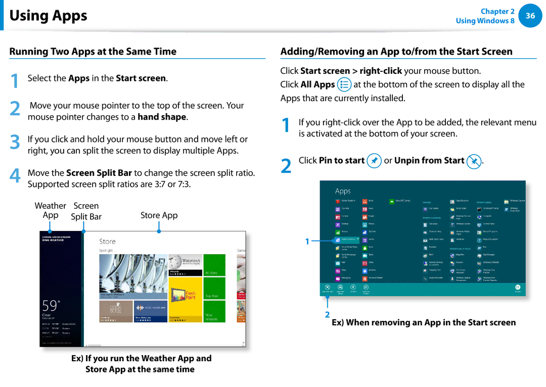 Samsung DP500A2DK01UB Adding/Removing an App to/from the Start Screen, Click Start screen right-click your mouse button 