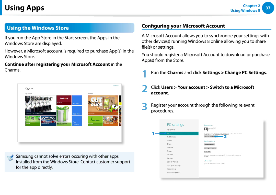 Samsung DP500A2DK01UB manual Using the Windows Store, Configuring your Microsoft Account 