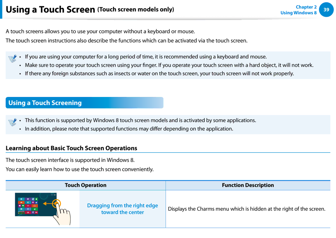 Samsung DP500A2DK01UB manual Using a Touch Screening, Using a Touch Screen Touch screen models only 