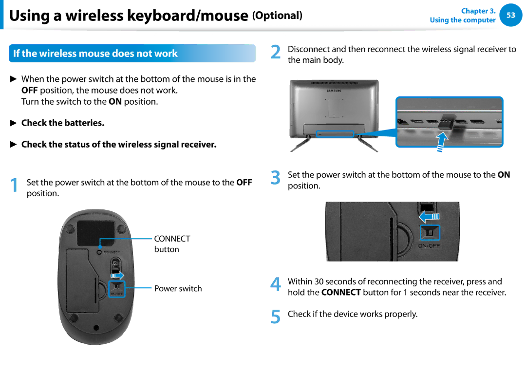 Samsung DP500A2DK01UB manual If the wireless mouse does not work, Main body, Check if the device works properly 