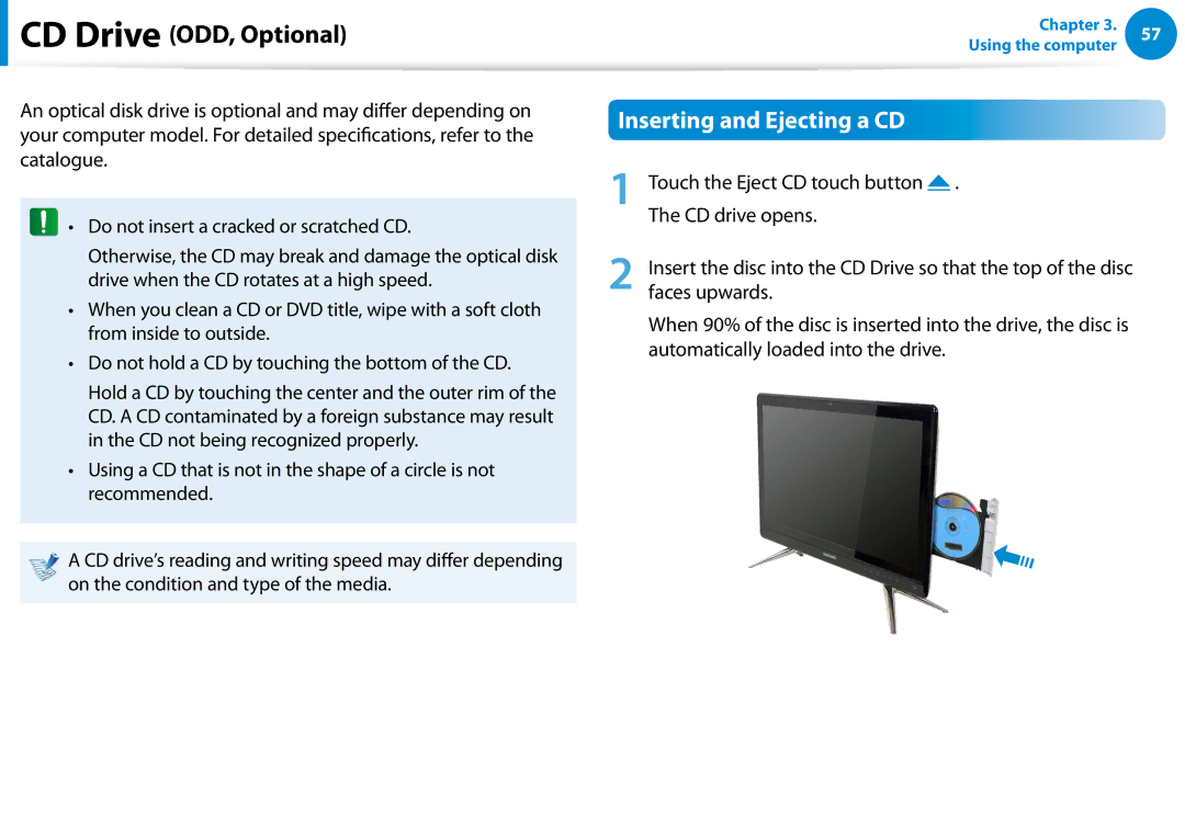 Samsung DP500A2DK01UB manual Inserting and Ejecting a CD, CD drive opens 