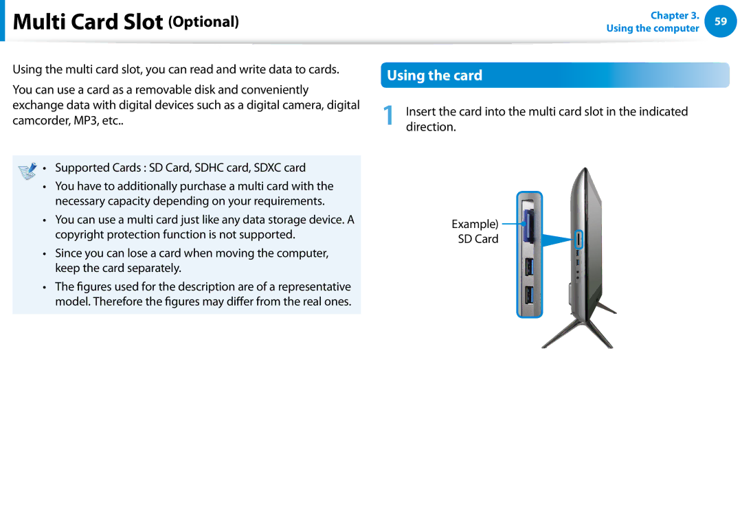 Samsung DP500A2DK01UB manual Multi Card Slot Optional, Using the card 