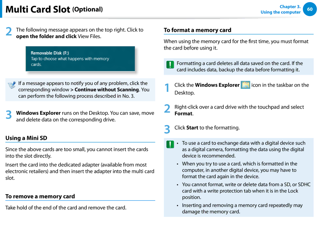 Samsung DP500A2DK01UB manual Using a Mini SD, To remove a memory card, To format a memory card, Click the Windows Explorer 