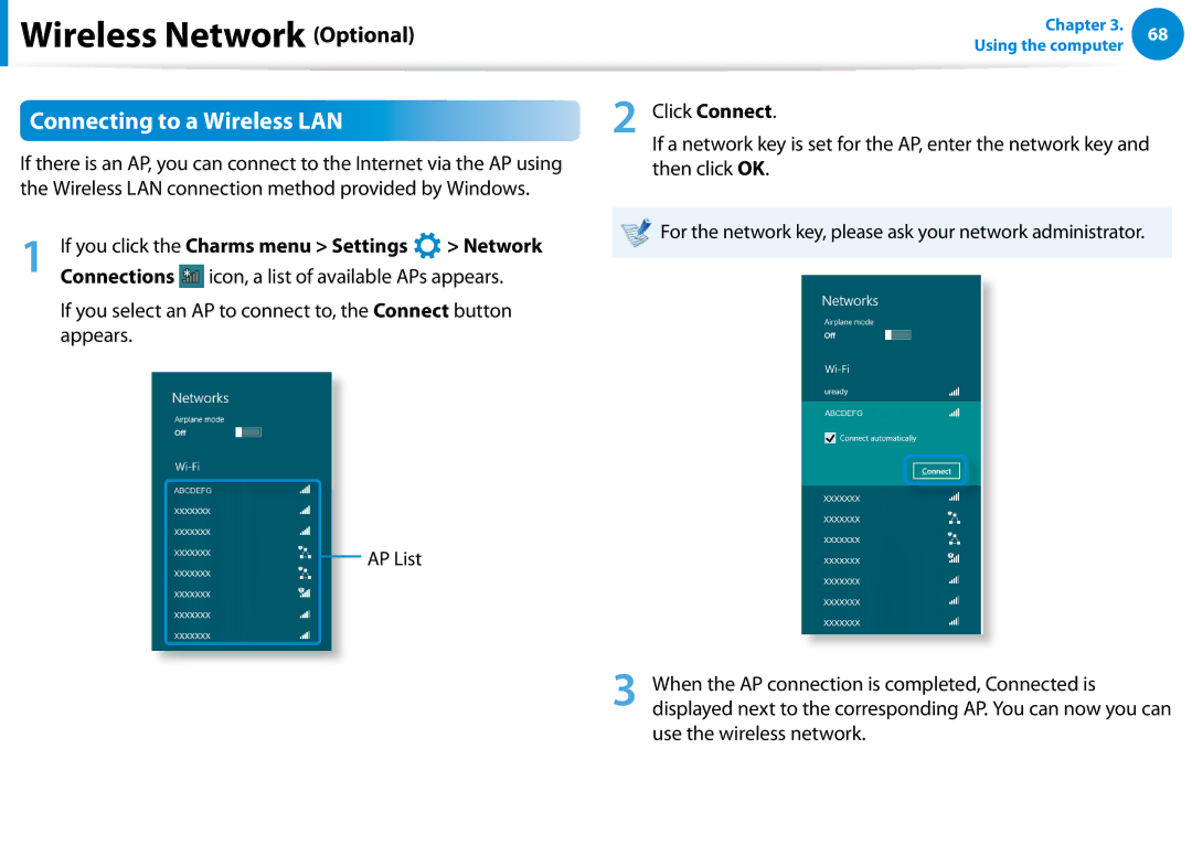 Samsung DP500A2DK01UB manual Connecting to a Wireless LAN, If you click the Charms menu Settings 