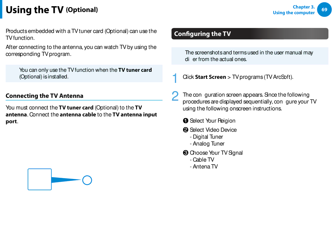 Samsung DP500A2DK01UB manual Using the TV Optional, Configuring the TV, Connecting the TV Antenna 