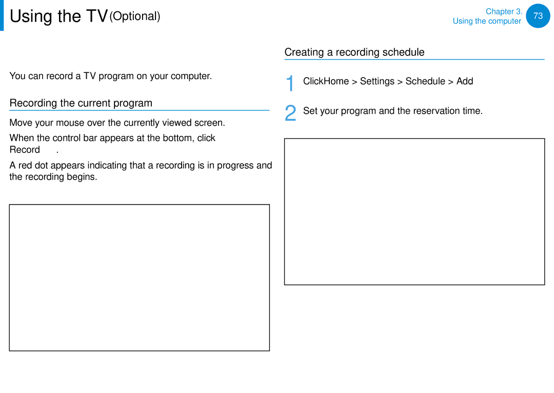 Samsung DP500A2DK01UB manual Recording TV, Recording the current program, Creating a recording schedule 