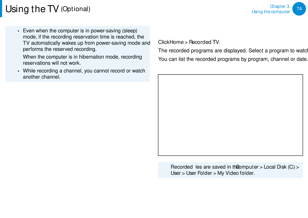 Samsung DP500A2DK01UB manual Playing a recorded program, Click Home Recorded TV 