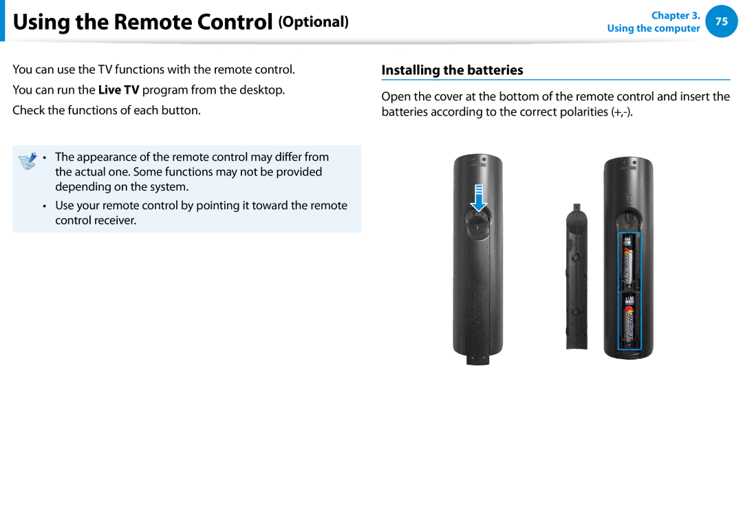 Samsung DP500A2DK01UB manual Using the Remote Control Optional, Installing the batteries 