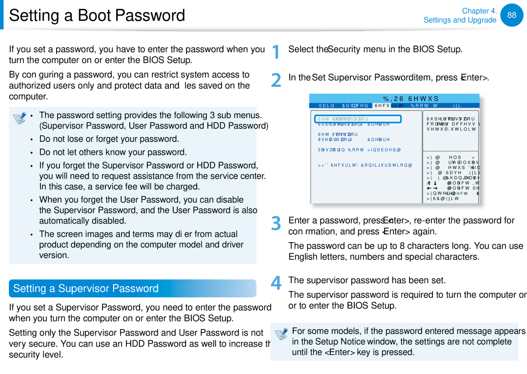 Samsung DP500A2DK01UB Setting a Boot Password, Setting a Supervisor Password, Select the Security menu in the Bios Setup 